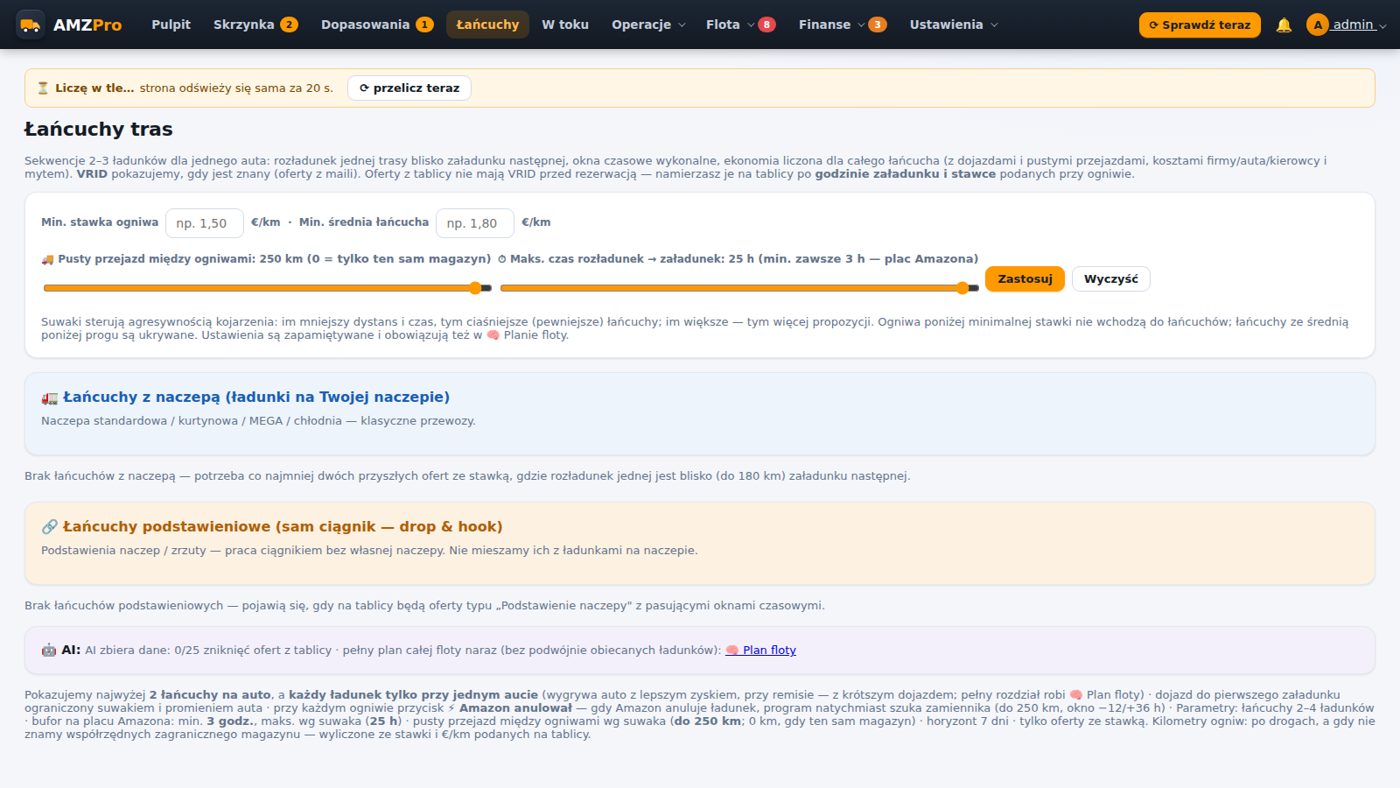 AMZPro — łańcuch tras Amazon Relay z licznikiem kabotażu i czasem pracy kierowcy