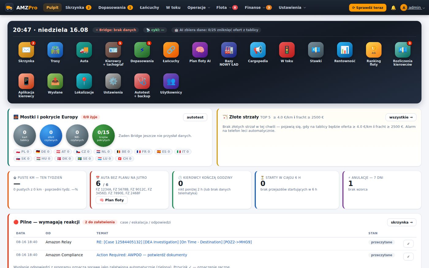 Pulpit AMZPro — dopasowania ofert Amazon Relay do wolnych aut, rentowność, alarmy