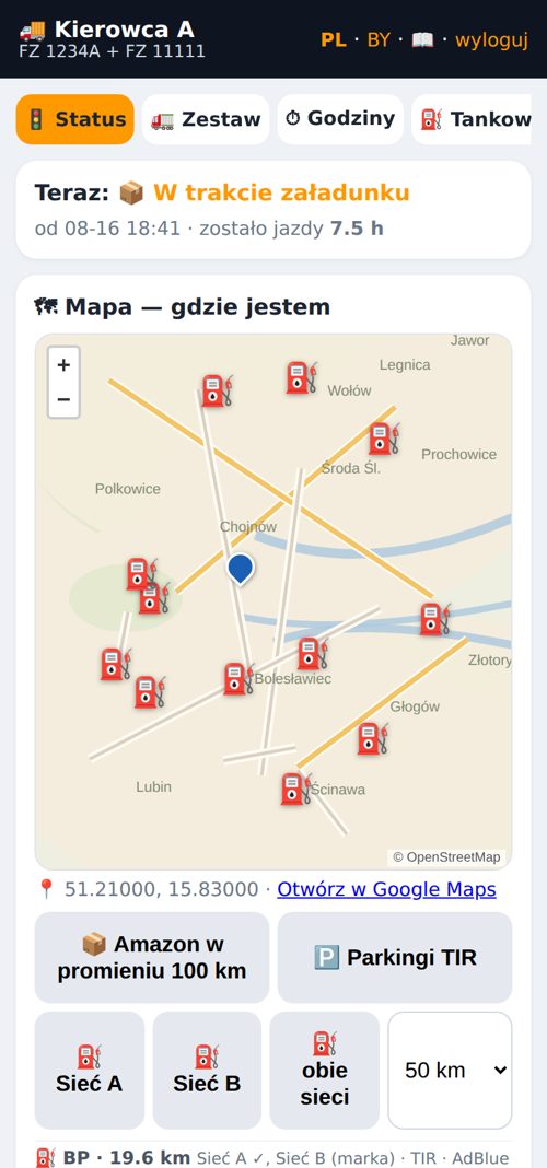 Aplikacja kierowcy AMZPro — status i mapa
