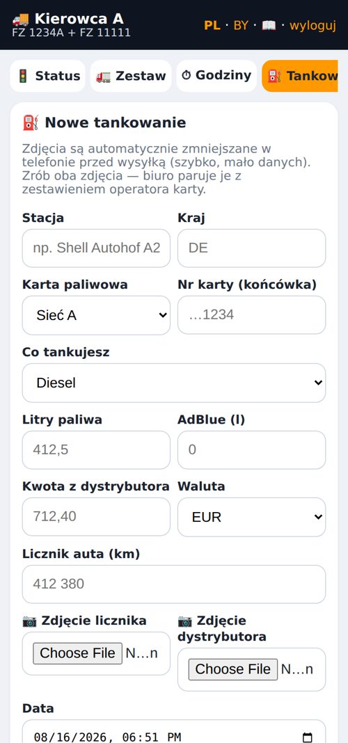 Aplikacja kierowcy AMZPro — tankowanie