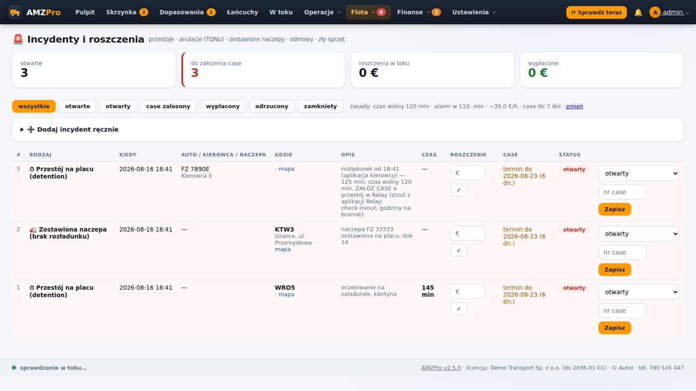 AMZPro — rejestr incydentów Amazon Relay: detention, TONU, statusy case i pieniądze do odzyskania